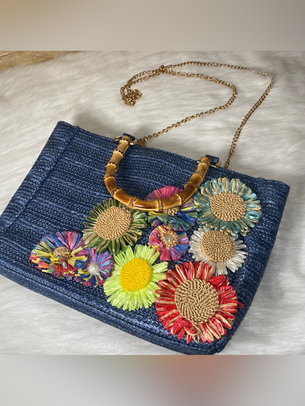 Haute Hippie Blue Straw Tote with Multicolor Floral Appliqués and Bamboo Handles - Picture 10 of 11